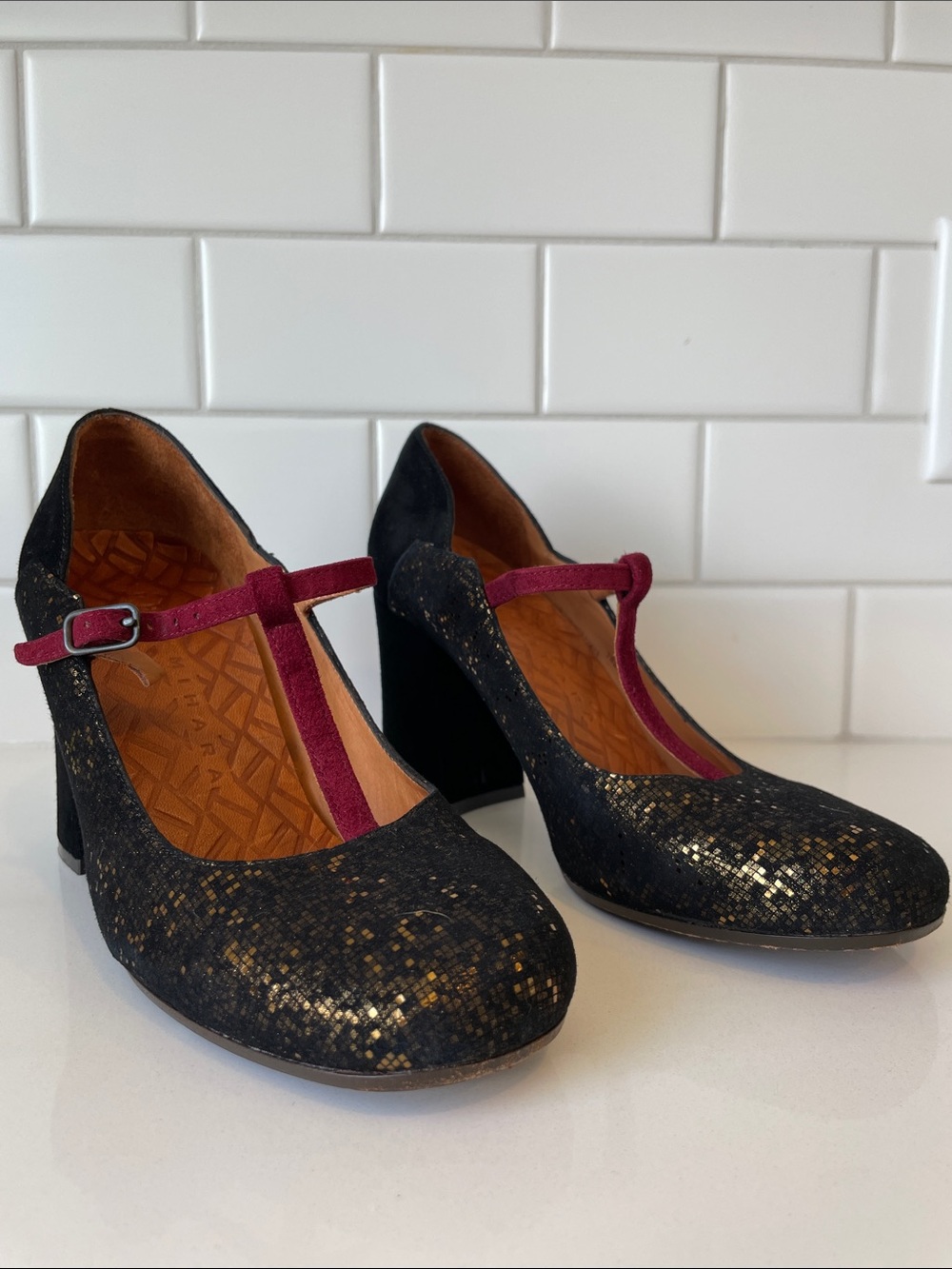 Chie Mihara Black Glitter Mary Jane Heels with Wine Pink Strap • Size 37 - Picture 14 of 16